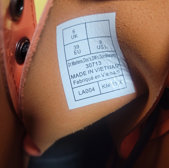 DR. MARTENS 1460 Women's Patent Leather Lace Up Boots in the color Coral - Picture 7 of 7